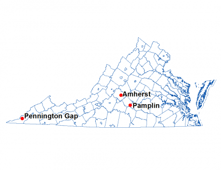 Map of Virginia with the towns of Amherst, Pamplin and Pennington Gap highlighted