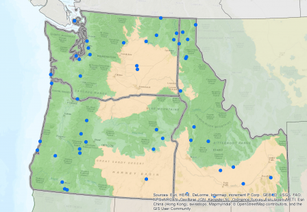Figure 1: Map of Washington, Oregon, and Idaho displaying the locations of the 50 sampled fishable lakes