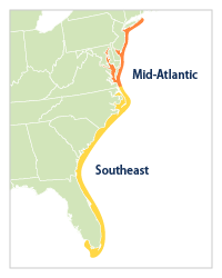 Reference map that shows how the Mid-Atlantic and Southeast regions are defined for Figure 1.