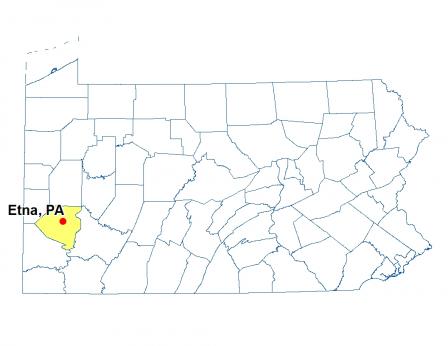 A map of Pennsylvania highlighting the location of Etna
