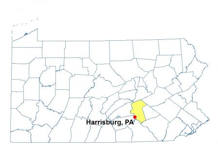 Map of Pennsylvania highlighting the location of Harrisburg