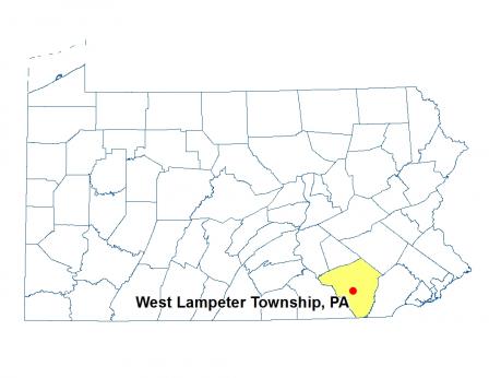 A map of Pennsylvania highlighting the location of West Lampeter Township