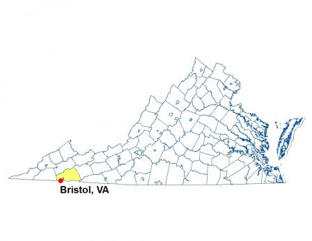 A map of Virginia highlighting the location of Bristol
