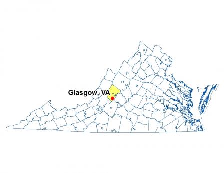 Map of Virginia highlighting the location of Glasgow