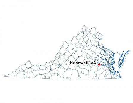 A map of Virginia highlighting the location of Hopewell