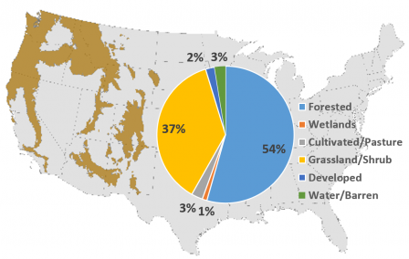 Map of the Western Mountains ecoregion and the percentages of land cover categories