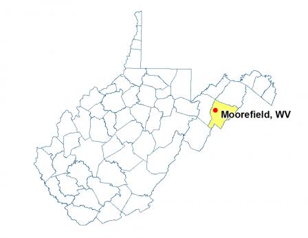 A map of West Virginia highlighting the location of Moorefield.