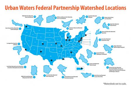 this map shows the 19 locations designated by the Urban Waters Federal Partnership