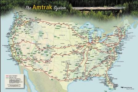 A map of the United States showing the Amtrak routes in red.