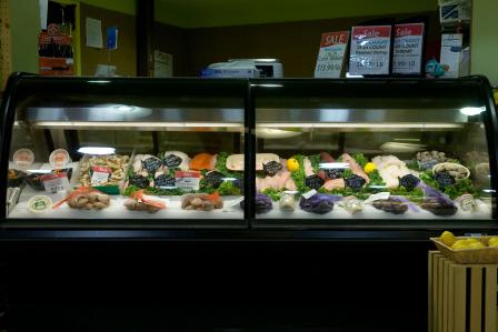 Seafood in a refrigerated display case
