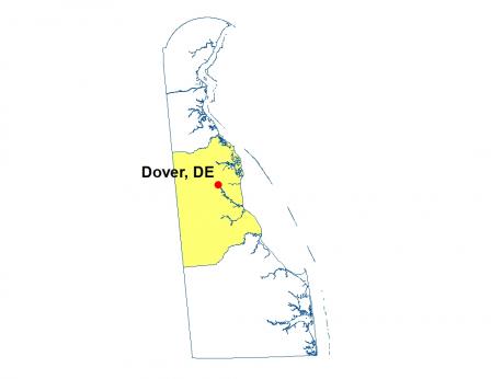 A map of Delaware highlighting the location of Dover.