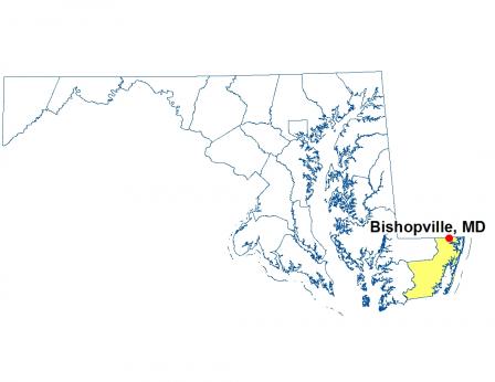 A map of Maryland highlighting the location of Bishopville