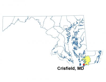 A map of Maryland highlighting the location of Crisfield.