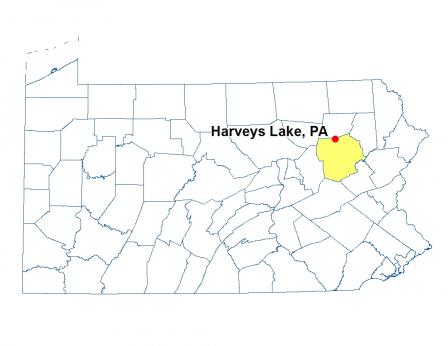 A map of Pennsylvania highlighting the location of Harveys Lake.