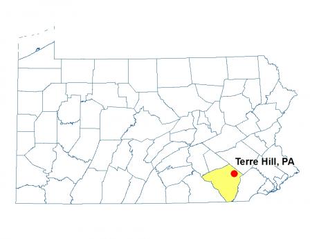 A map of Pennsylvania highlighting the location of Terre Hill