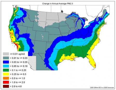 A map of the U.S. showing projected improvement in annual average PM2.5 concentrations resulting from the North American ECA