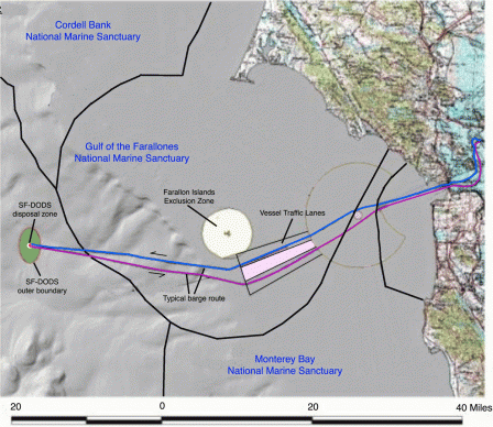 Figure 1. This map shows the route of a typical disposal vessel trip to the SF-DODS. The vessel remains within the established shipping lanes in the vicinity of the Farallon Islands as required.