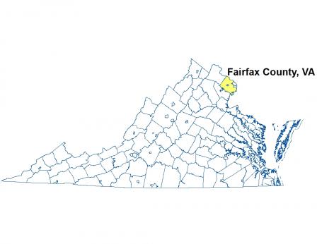 A map of Virginia highlighting the location of Fairfax County.
