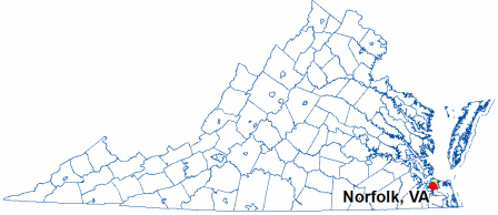 A map of Virginia highlighting the location of Norfolk.