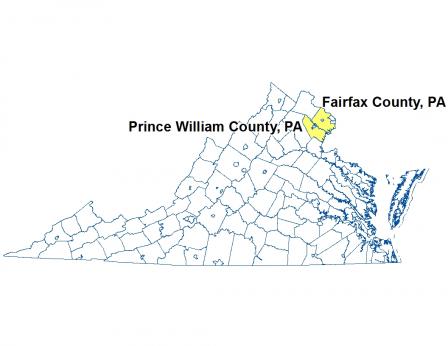 A map of Virginia highlighting the location of Prince William and Fairfax Counties