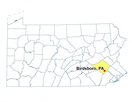 Map highlighting the location of Birdsboro, PA. 