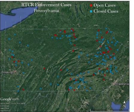 A map of Pennsylvania highlighting the locations of open and closed enforcement cases related to the Revised Total Coliform Rule.