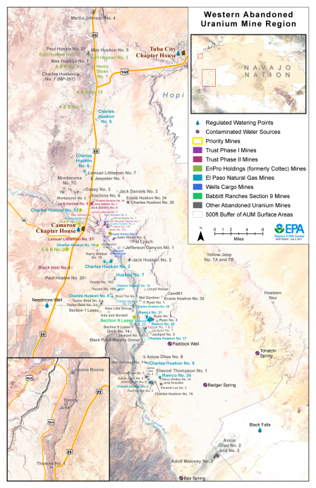 Map showing the Western Abandoned Uranium Mines Region Mines