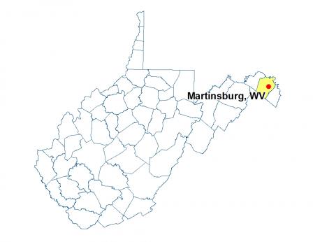 A map of West Virginia highlighting the location of Martinsburg