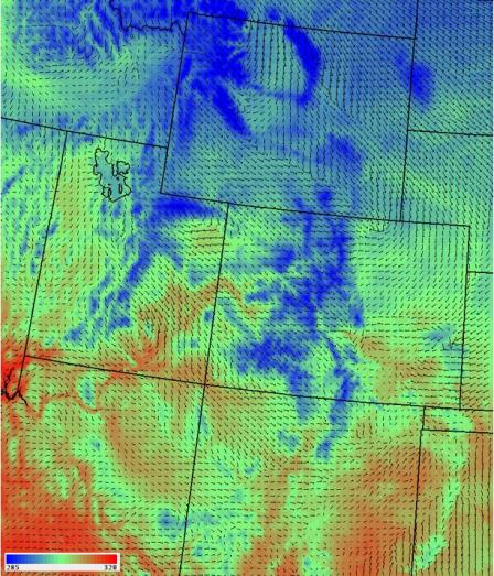 Example 2-meter temperature (shading; 285-320 K) and 10-m wind vectors from the 4-km simulation of the Colorado DISCOVER-AQ campaign in July/August 2014.