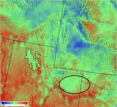 Figure 6. Example 2-meter temperature (shading; 260-285 K) and 10-m wind vectors from the 4-km simulation for the Uinta Basin region. The black circle indicates the location of the Uinta Basin.
