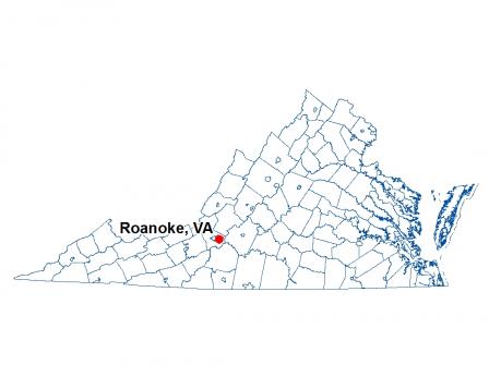 Map highlighting the location of Roanoke, Virginia.
