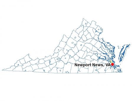 A map of Virginia highlighting the location of Newport News