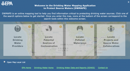 Welcome page of DWMAPS displays search tools for users to find information about drinking water sources.