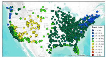 Map of 2007 CMAQ-estimated seasonal mean United States background O3 levels (ppb) from zero-out modeling.