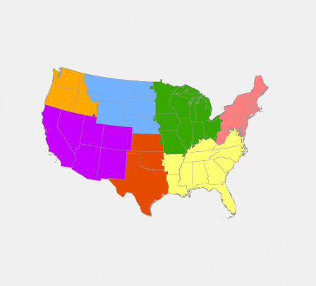 This map indicates the regions that group the states together for the purpose of providing national climate assessment datasets and population projections.