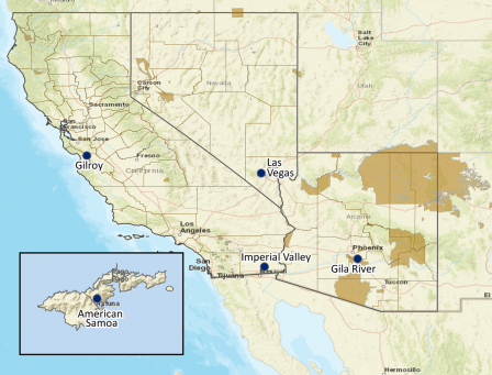 Map showing Imperial Valley, California, Gilroy, California, Gila River, Arizona, Las Vegas, Nevada, and American Samoa.