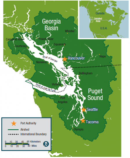 Map showing location of Puget Sound and Georgia Basin Airsheds