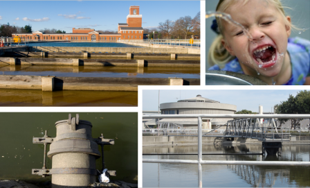 Top right image of a drinking water treatment plant, bottom right image of a wastewater outflow, top left image of a child drinking from a water fountain, bottom right image of a wastewater treatment plant.