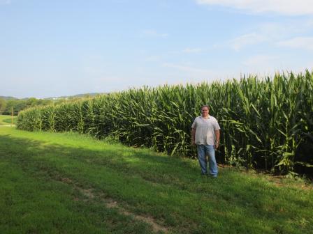 Robert standing in front a corn field on the family farm