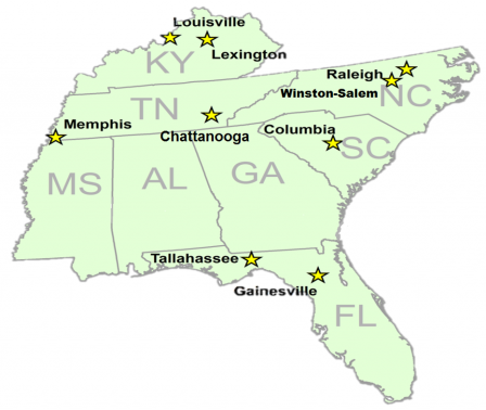 map marking cities in the southeast