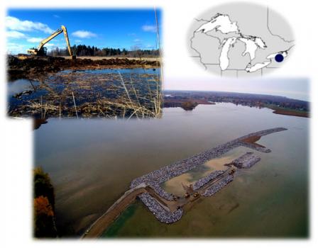 A coastal wetland restoration project on Braddock Bay, NY show restorations efforts at this site. 