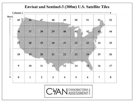 Figure 2. Example of how CyAN divides the satellite images into smaller files. The numbered tiles each represent a spatial area that will be made into a separate file. The data file name will use the row and column number to identify the tile location. Sa