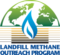 Landfill Methane Outreach Program Logo - Image of a green earth above a blue flame