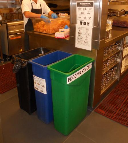 This is a picture of the sorting bins for food scraps, recycling and trash in a kitchen in the City of San Diego