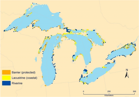 This map shows the distribution of barrier (protected), lacustrine (coastal), and riverine coastal wetlands across the Great Lakes basin.