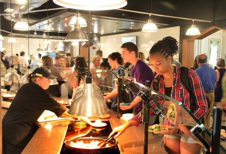 This is a picture of some students in the buffet line in one of Holy Cross's dining halls.