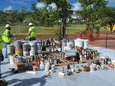 Containers of household hazardous waste collected for disposal after Hurrican Harvey