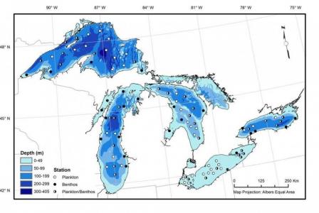 Map showing the R/V Lake Guardian annual survey sampling locations on the Great Lakes