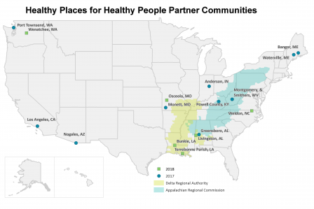 Map showing 2017 to 2018 Healthy Places for Healthy People partner communities