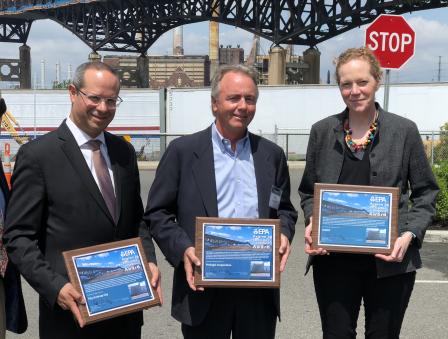 From left to right, Marcos Vigil, Jersey City Deputy Mayor; Steve Campbell, Prologis Senior Vice President; and Debbie Mans, NJDEP Deputy Commissioner accept the Excellence in Site Reuse Award for their work at the PJP Landfill Superfund site.